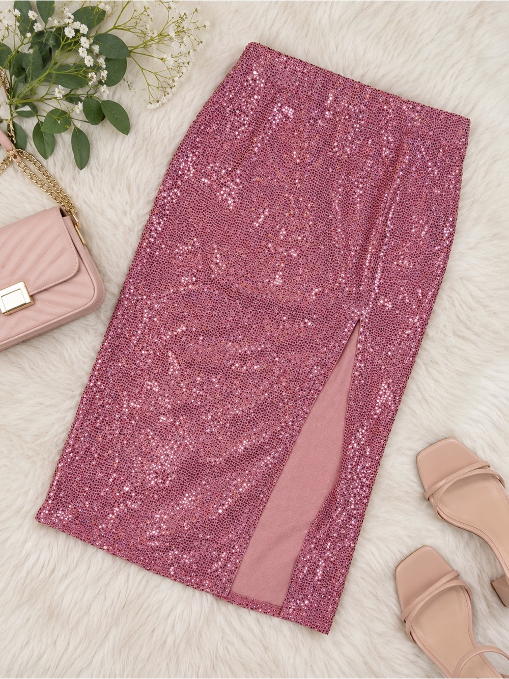Timing Sequin Pink Sequin Pencil Skirt with Front Slit Size L NWT